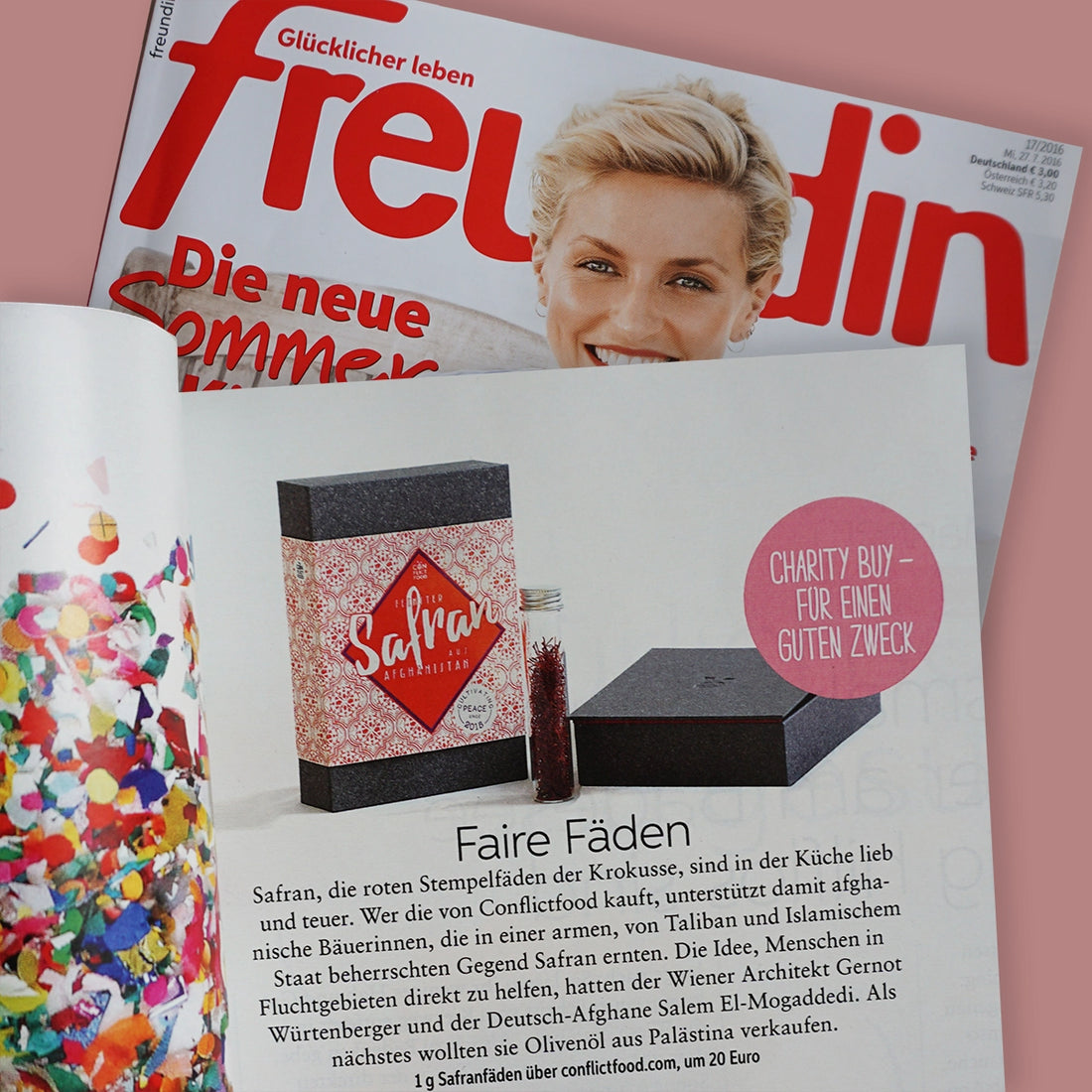 Die Zeitschrift Freundin mit einem Artikel über Conflictfood und Safran aus Afghanistan