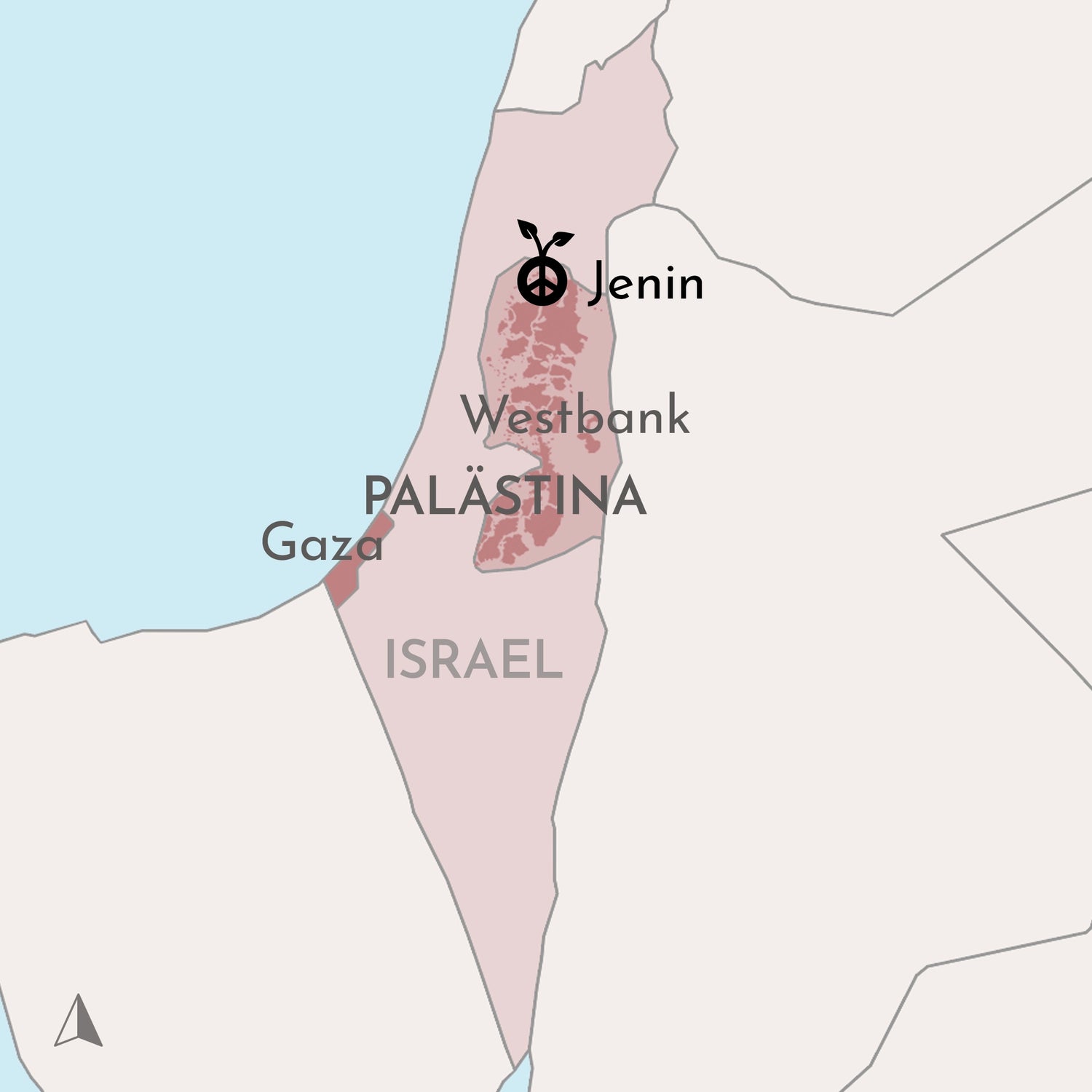 Landkarte Palästina und die Stadt Jenin eingezeichnet