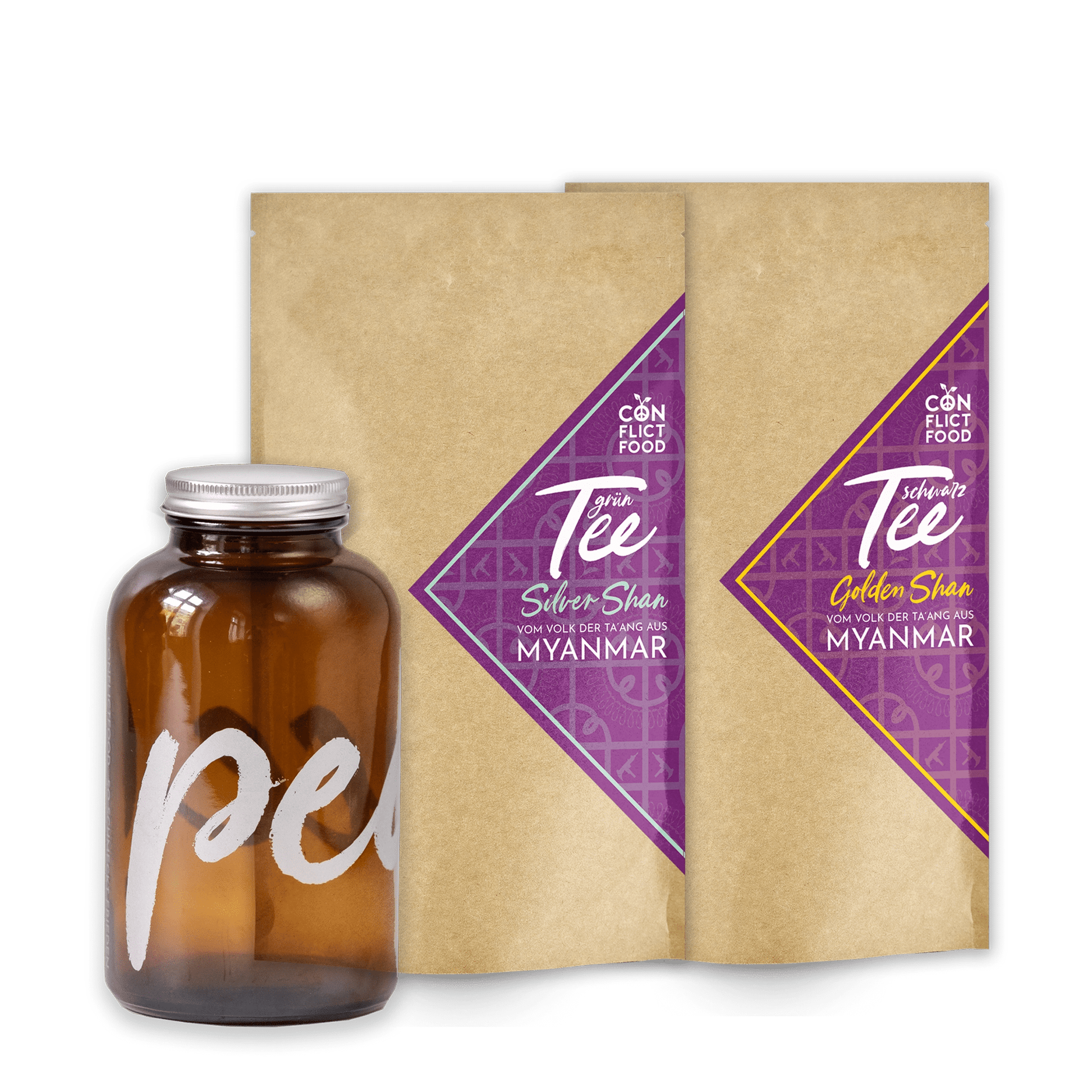 braunes Glas mit Alu-Schraubdeckel und PEACE-Aufschrift von Conflictfood. Zwei Conflictfood Vorratsbeutel Grüntee Silver Shan und Schwarztee Golden Shan aus Myanmar