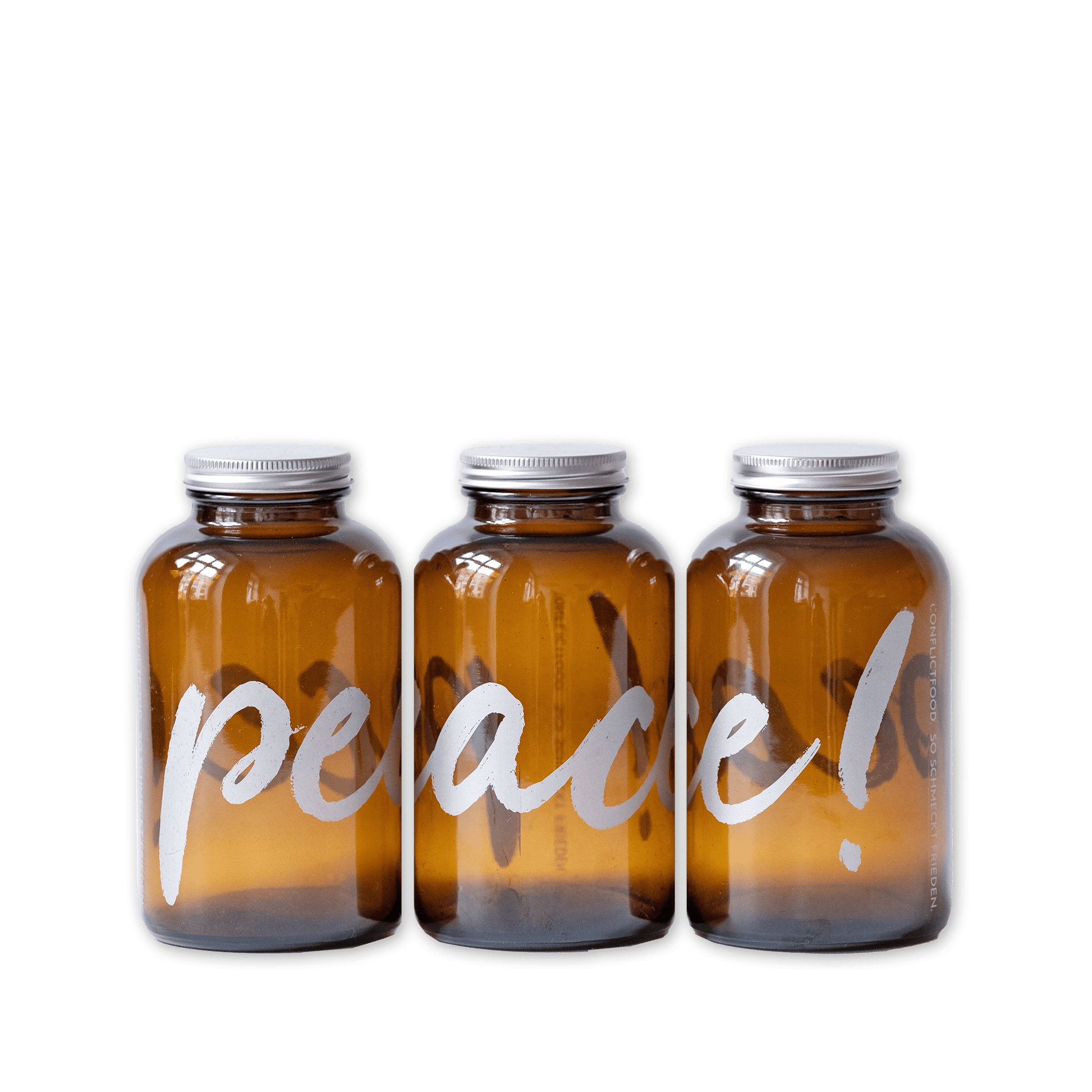 Drei braune Vorratsgläser mit Alu-Schraubverschluss und weisser Typo PEACE