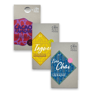 Conflictfood Päckchen Ivan Chai aus der Ukraine, Ingwer aus Myanmar und Cacao D`Amour Trinkschokolade