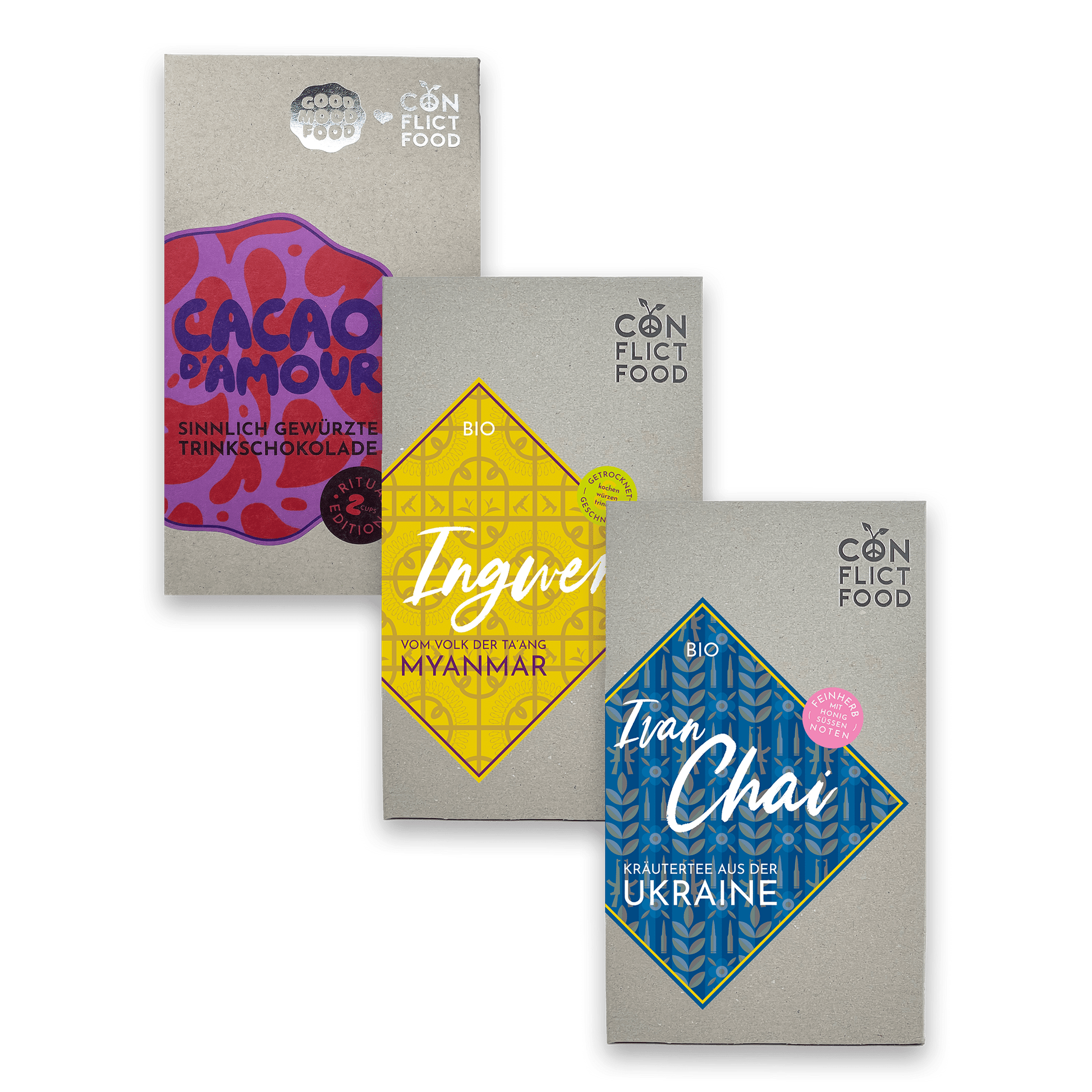 Conflictfood Päckchen Ivan Chai aus der Ukraine, Ingwer aus Myanmar und Cacao D`Amour Trinkschokolade