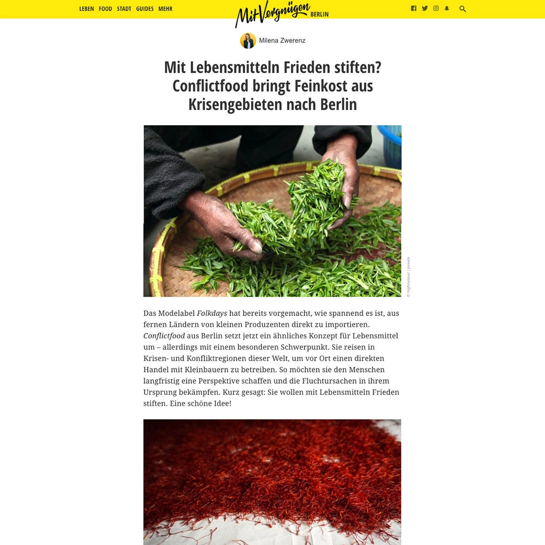 Ein screenshot der Seite Mit Vergnügen zeigt Teeblätter und Safran