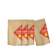 Vier Conflictfood Vorratsbeutel Safran im braunen Paperbag mit rotem Etikett