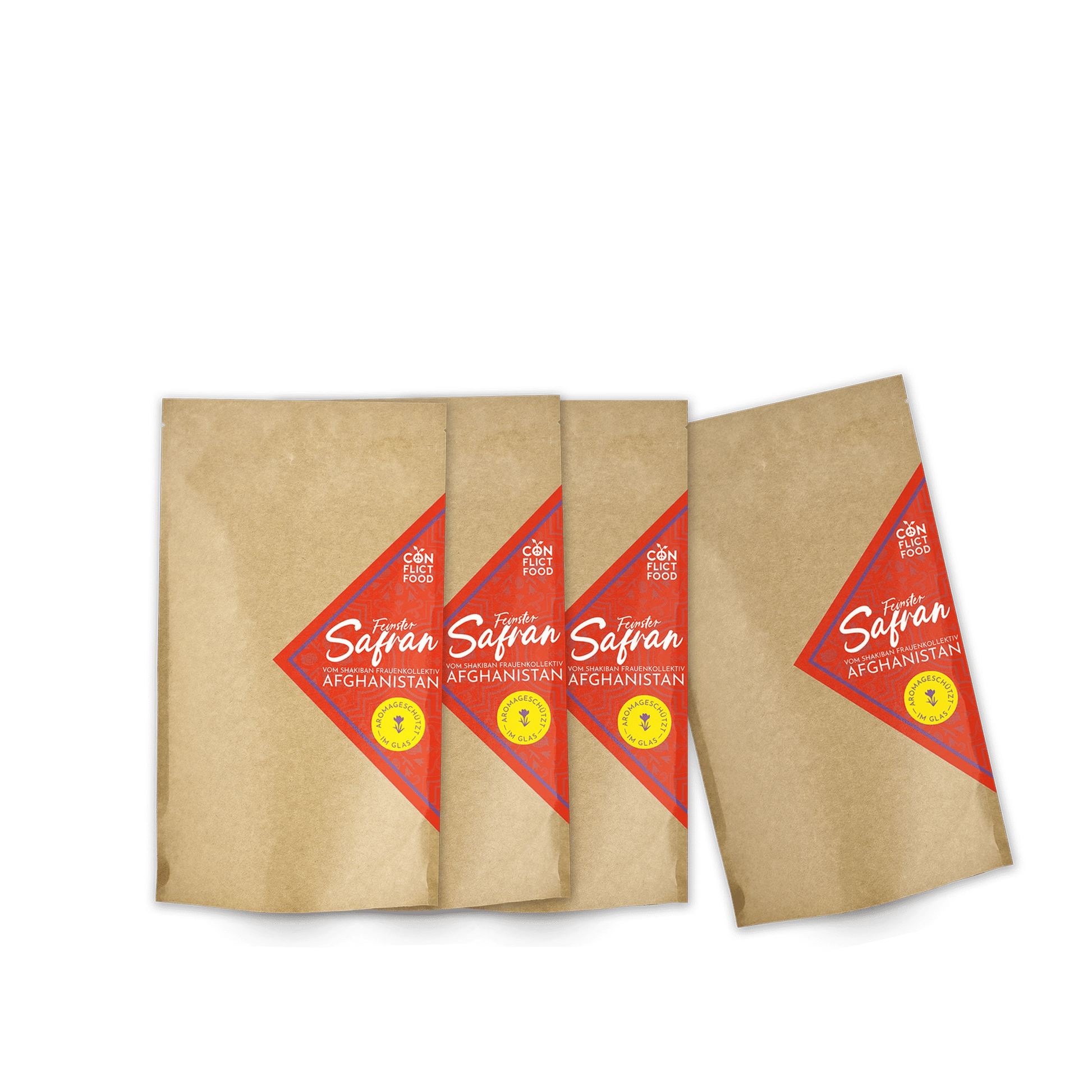 Vier Conflictfood Vorratsbeutel Safran im braunen Paperbag mit rotem Etikett