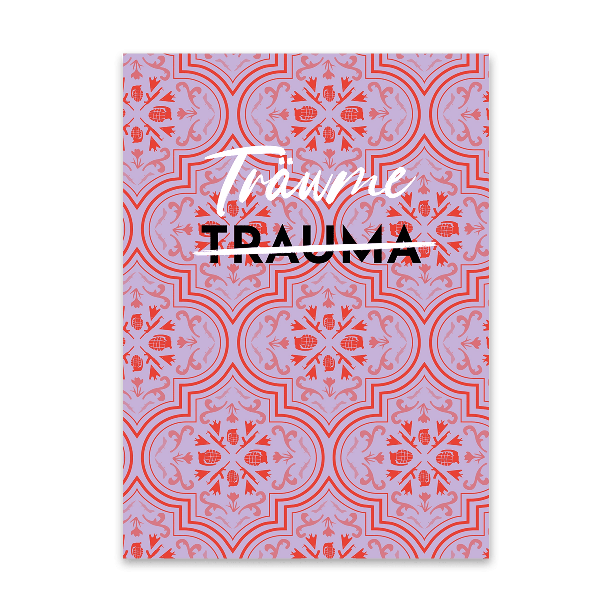 Karte mit der Aufschrift Träume (statt Trauma) auf klassischem Conflictfood-Muster