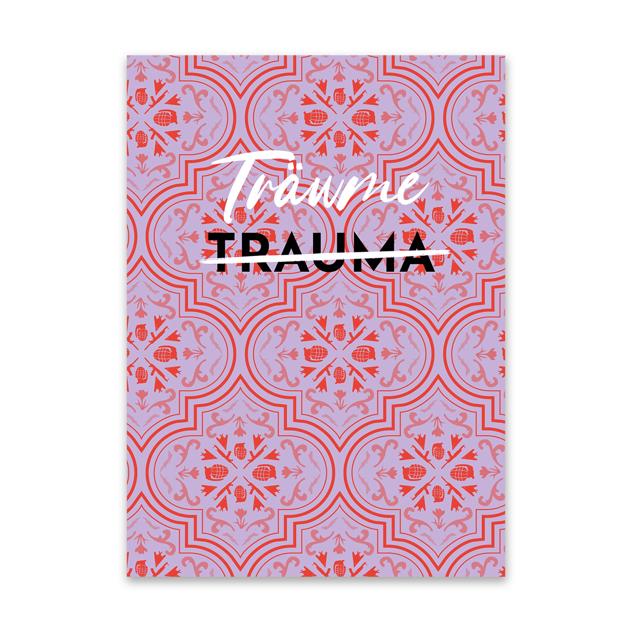 Karte mit der Aufschrift Träume (statt Trauma) auf klassischem Conflictfood-Muster