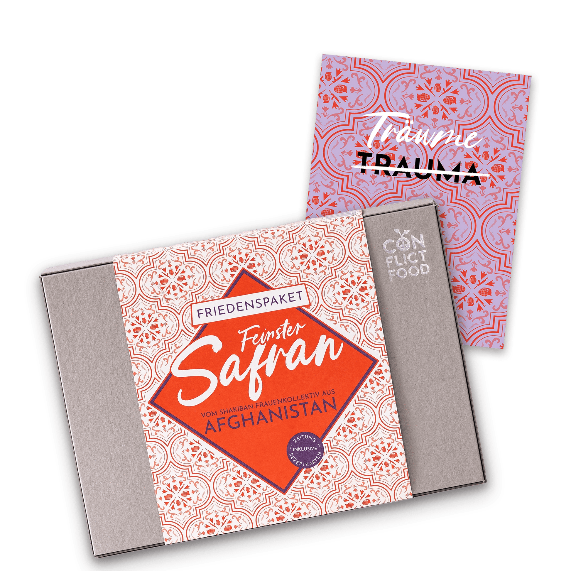 Conflictfood Paket Safran aus Afghanistan. Mit Karte mit der Aufschrift Träume (statt Trauma) auf klassischem Conflictfood-Muster