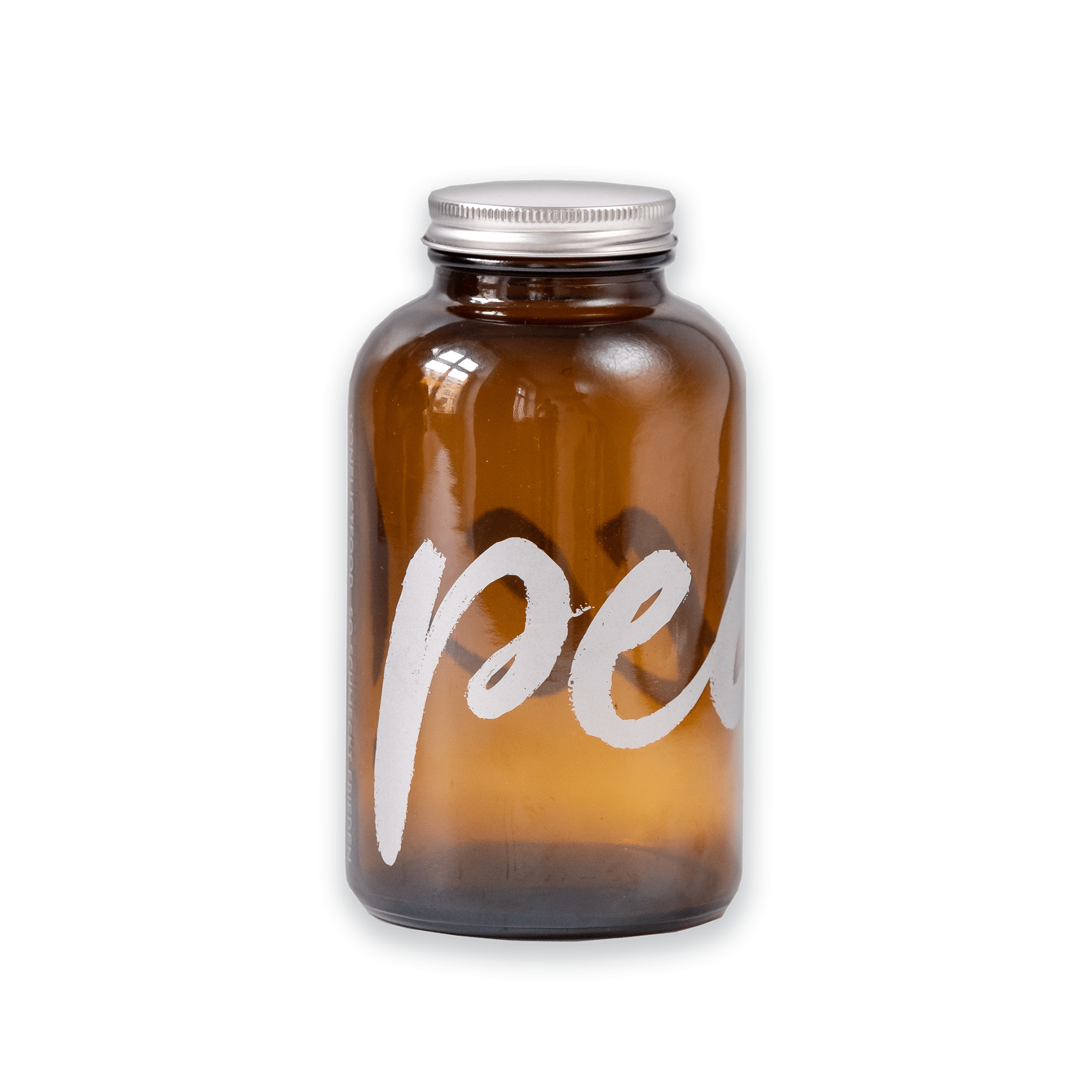 Braunes Vorratsglas mit Alu-Schraubverschluss und weisser Typo PEACE
