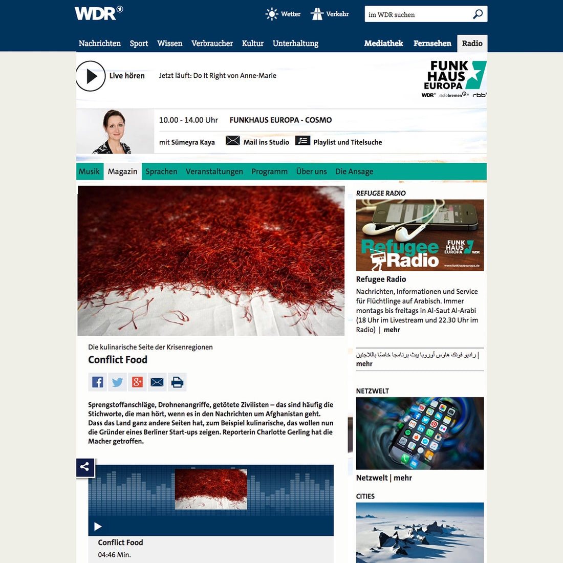 Screenshot des WDR mit Bildern von Safran