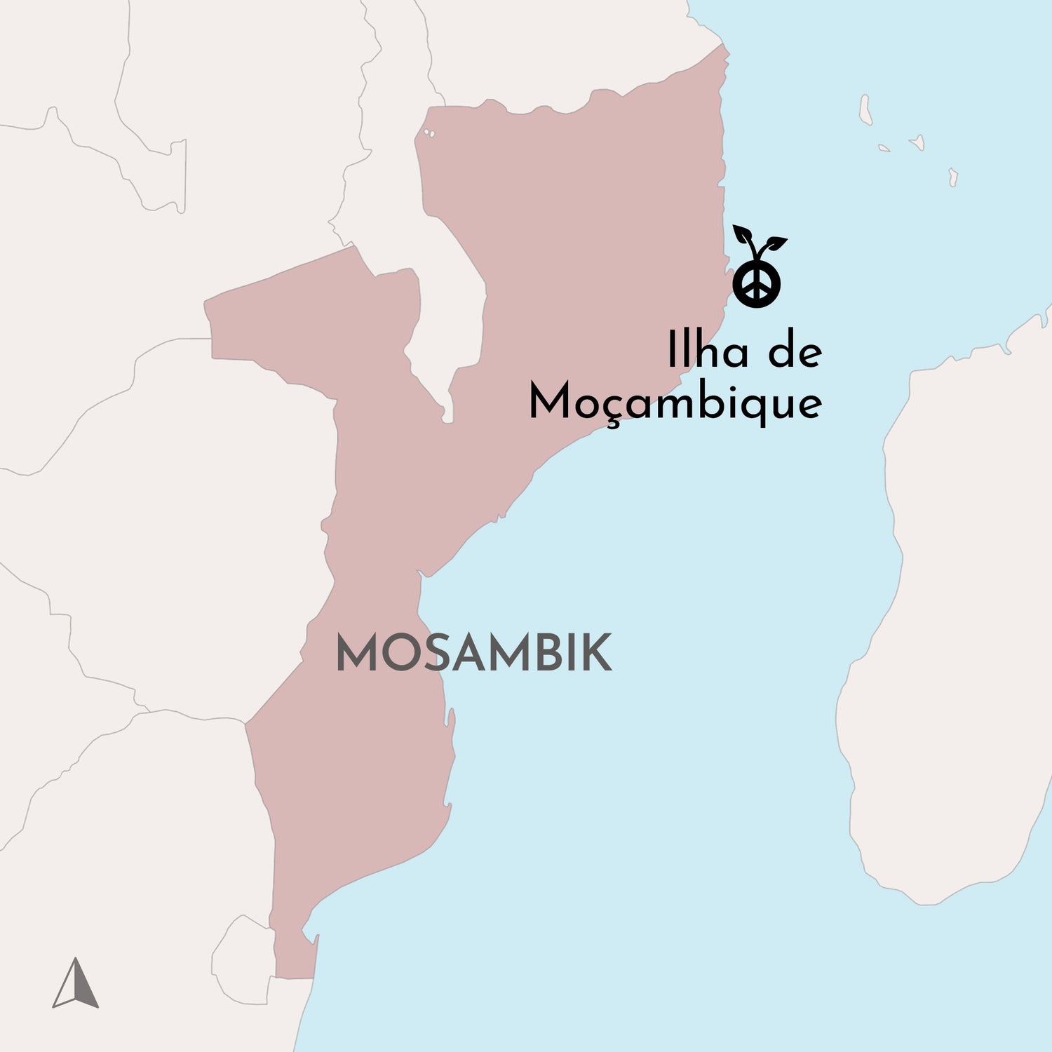 Landkarte von Mosambik mit Ilha de Mocambique und Conflictfood Logo Icon