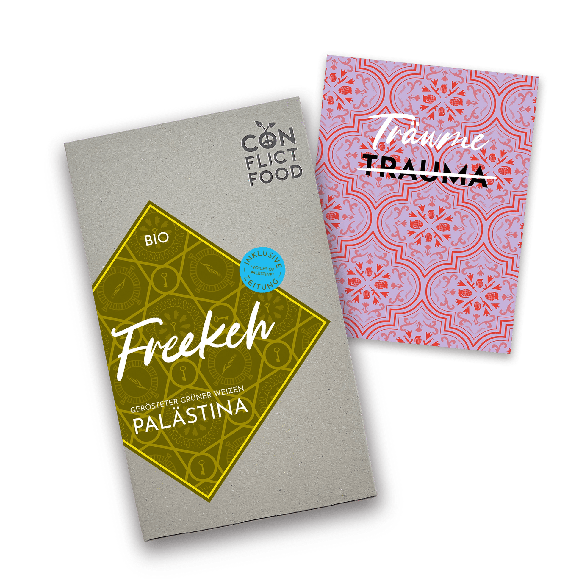 Conflictfood Päckchen Freekeh aus Palästina. Mit Karte mit der Aufschrift Träume (statt Trauma) auf klassischem Conflictfood-Muster