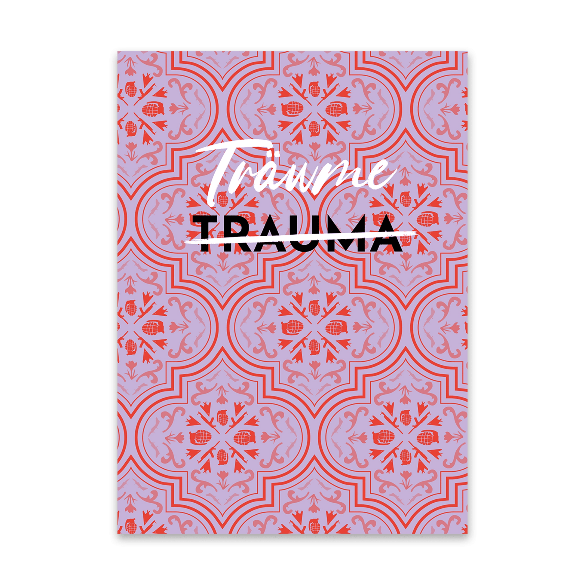 Karte mit der Aufschrift Träume (statt Trauma) auf klassischem Conflictfood-Muster