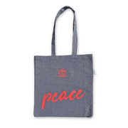Grauer Baumwollbeutel mit rotem Conflictfood-Logo und der Aufschrift PEACE