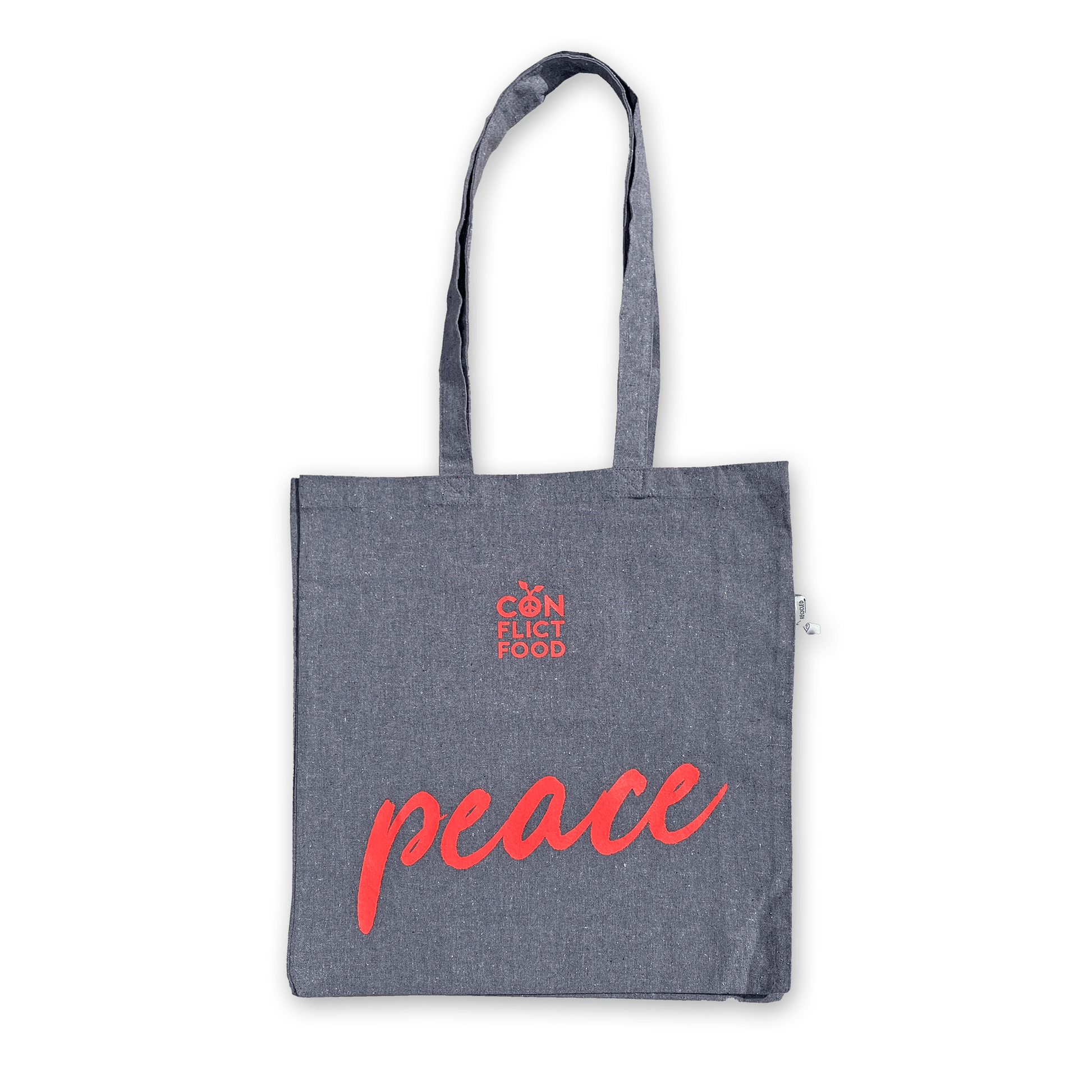 Grauer Baumwollbeutel mit rotem Conflictfood-Logo und der Aufschrift PEACE